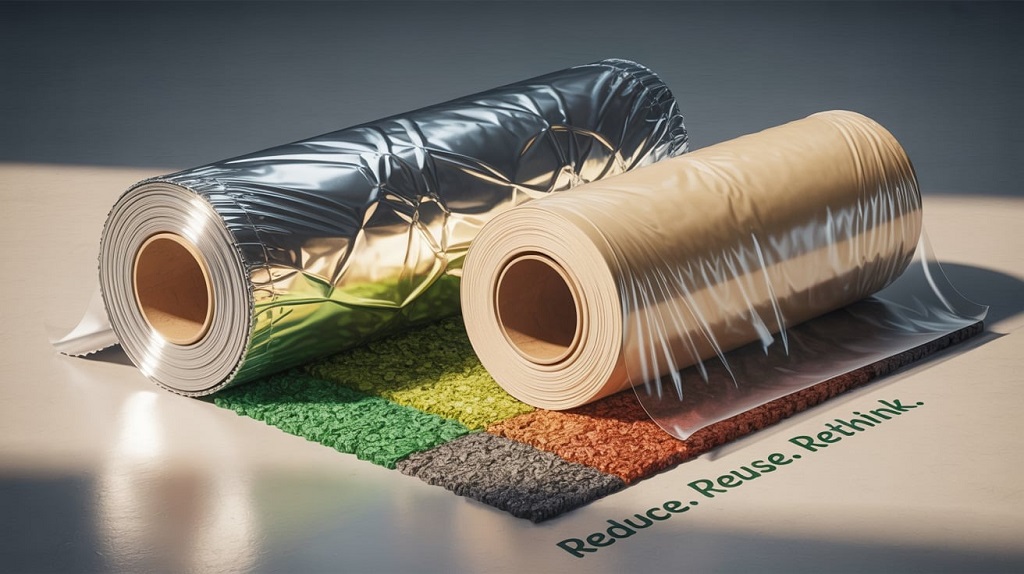 Illustration of aluminum foil roll and plastic wrap roll side by side, highlighting their environmental impact debate.