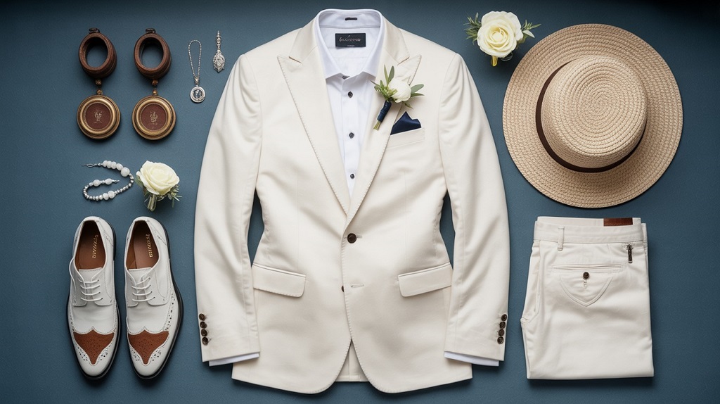 Stylish man in a crisp white suit adjusting his tie, standing in front of a wedding venue, symbolizing the question of whether men can wear white to a wedding.
