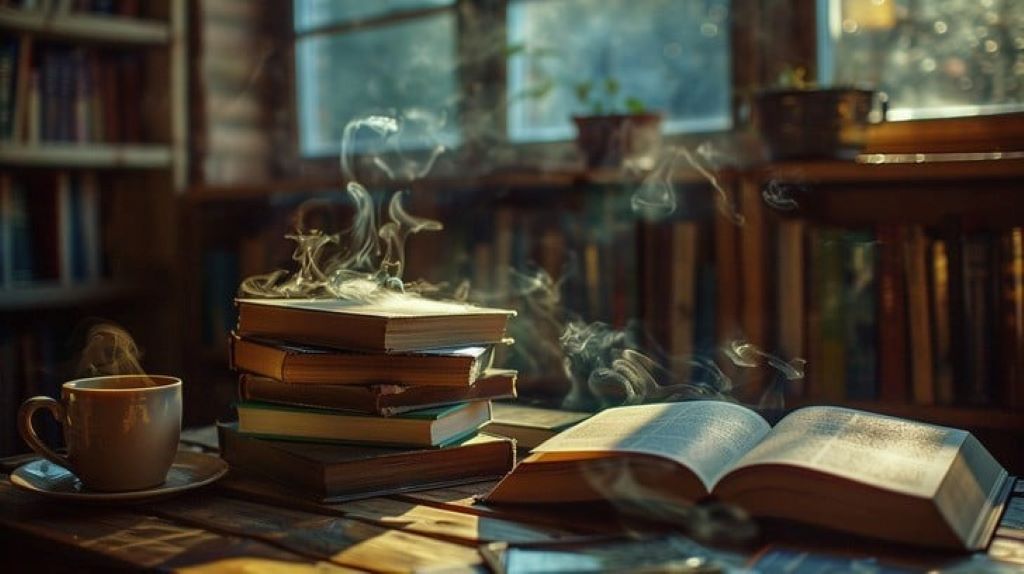 Cozy reading nook with a cup of tea and fantasy books like Fourth Wing