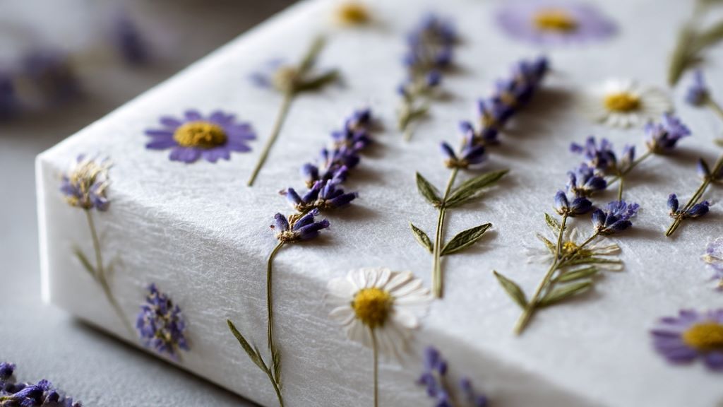 2. Delicate pressed daisy and lavender sprigs decorating a white gift box with tissue paper overlay