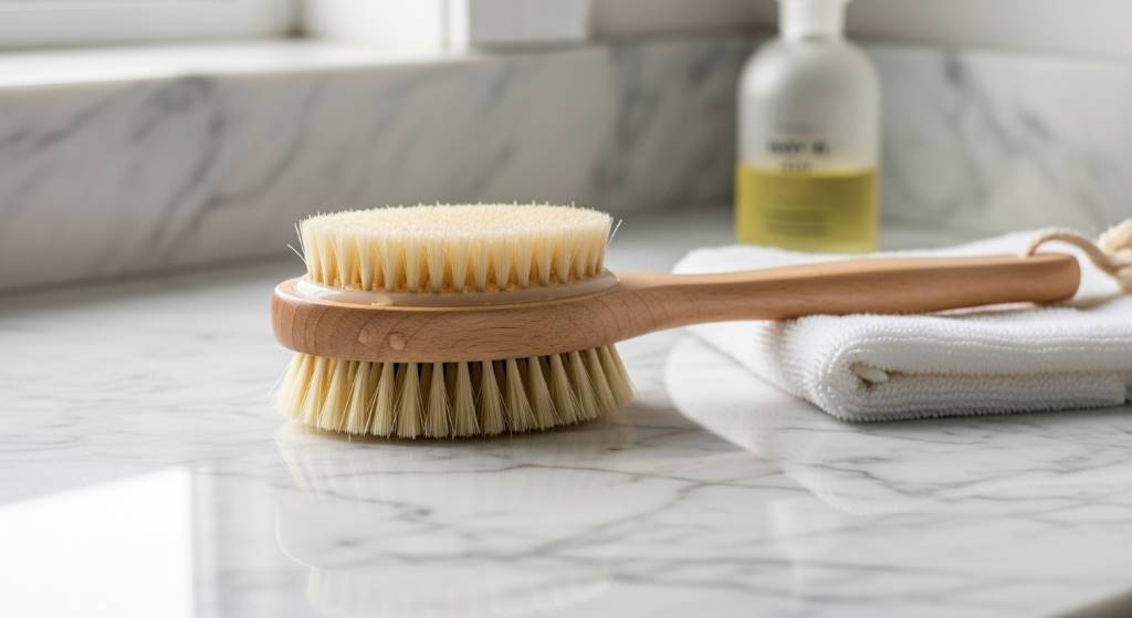 Soft-bristle spa body brush on a marble bathroom counter