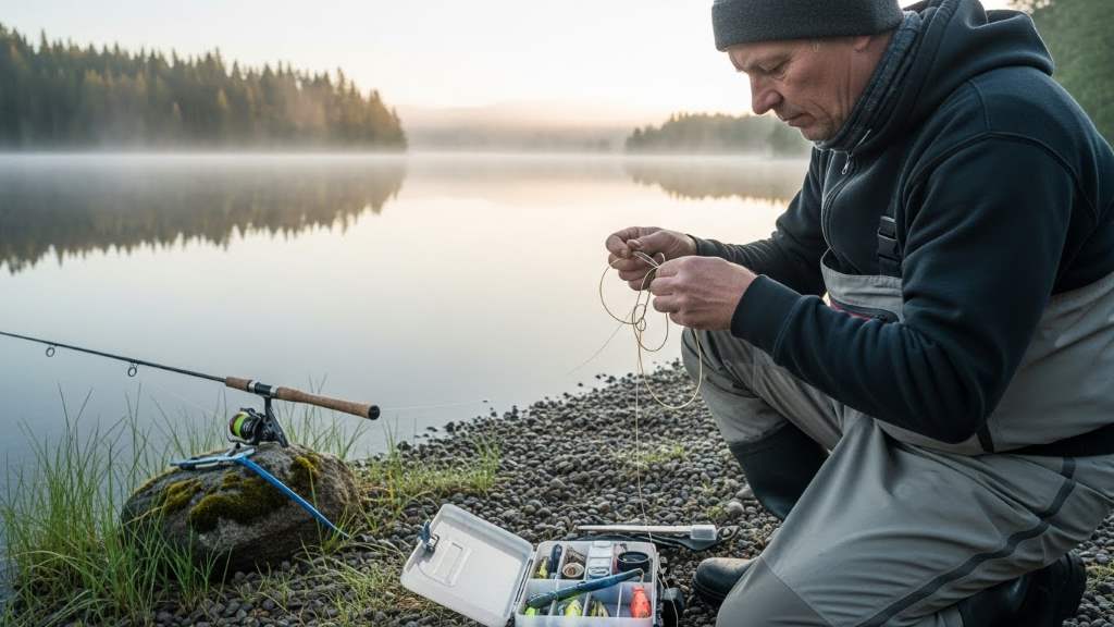 Angler carefully untangling a knotted fishing line by a serene lake shore