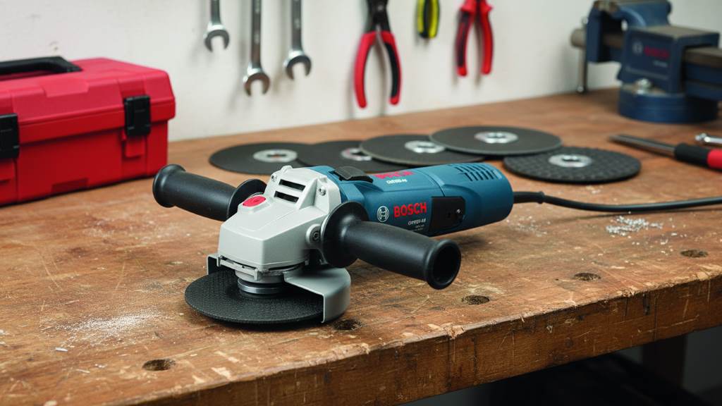 Bosch GWS8-45 4.5-inch grinder on a workbench with cutting discs
