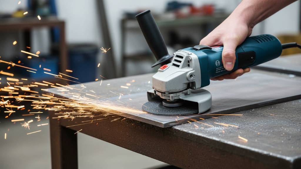 Flap disc finishing pass on fabricated steel with sparks controlled by guard