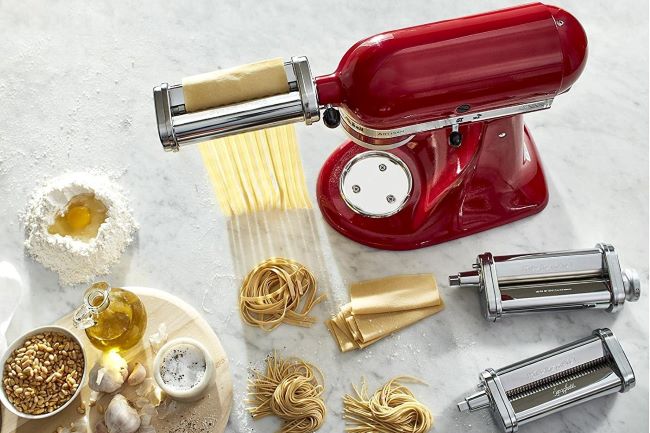 KitchenAid 3-piece pasta roller and cutter set attached to a stand mixer.