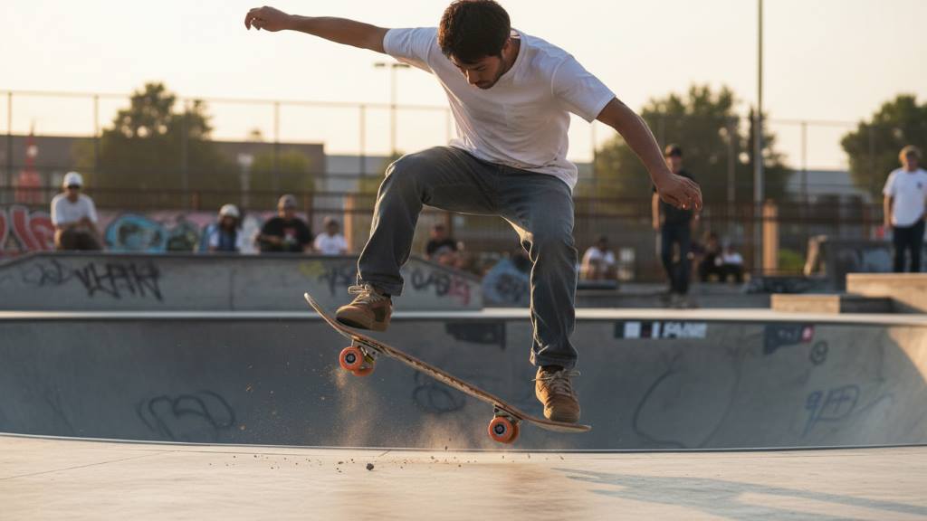 Skateboarder landing a trick at the park using Spitfire wheels for dynamic performance