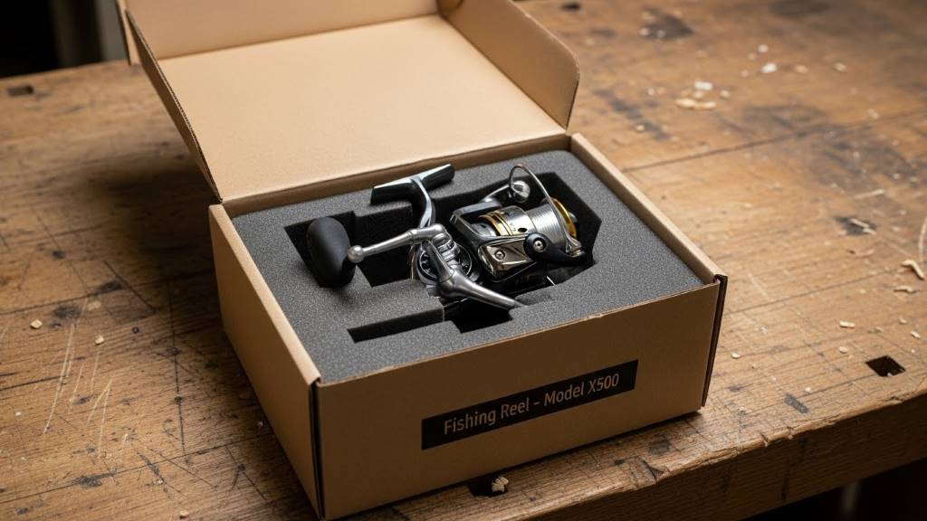 Sturdy cardboard box containing a fishing reel with protective padding inside