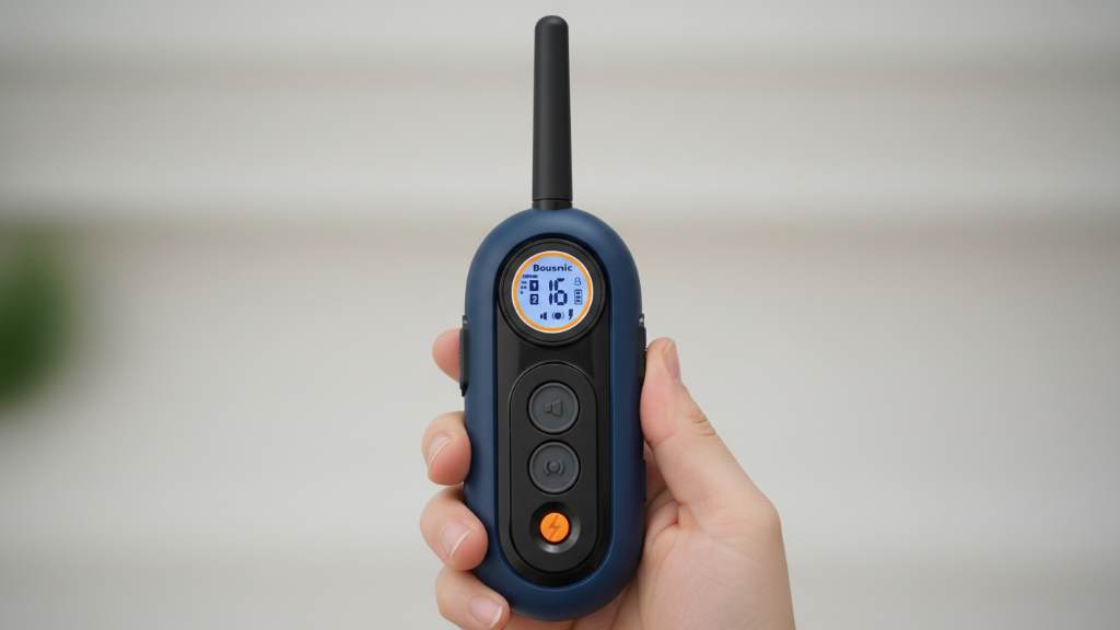 Bousnic dog training collar remote control showing buttons for beep, vibration, and shock modes
