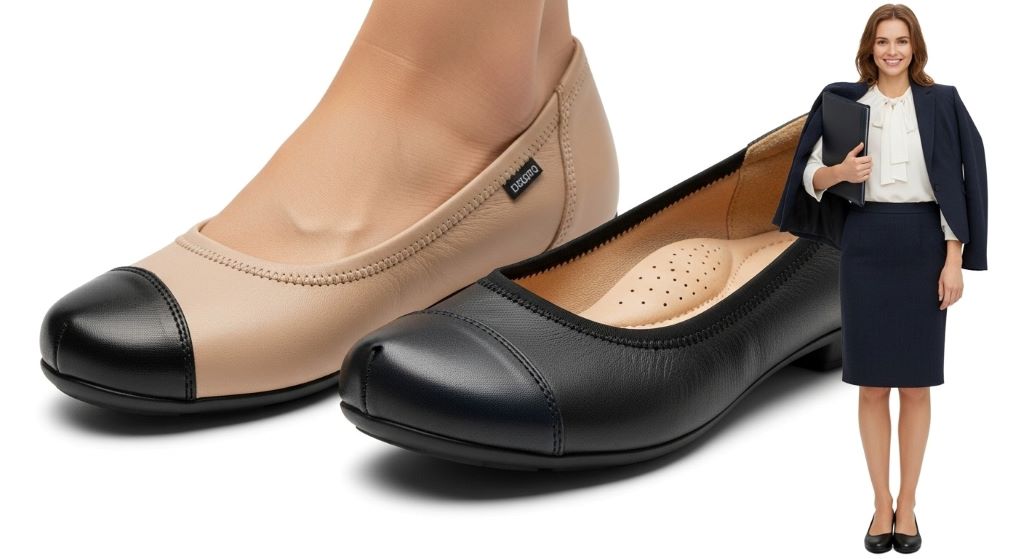 Comfortable wide toe box leather flats styled with professional work outfit for bunion relief