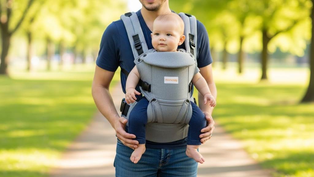 Momcozy ergonomic hip seat carrier in use, showing comfortable weight distribution on parent's hips