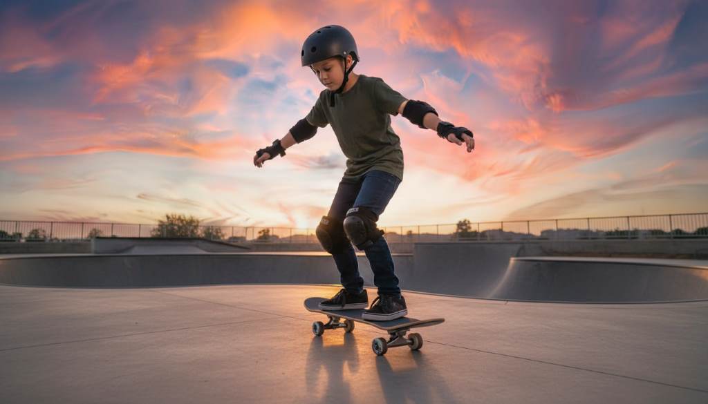 New skater wearing full protective gear practicing balance on cruiser board at sunset