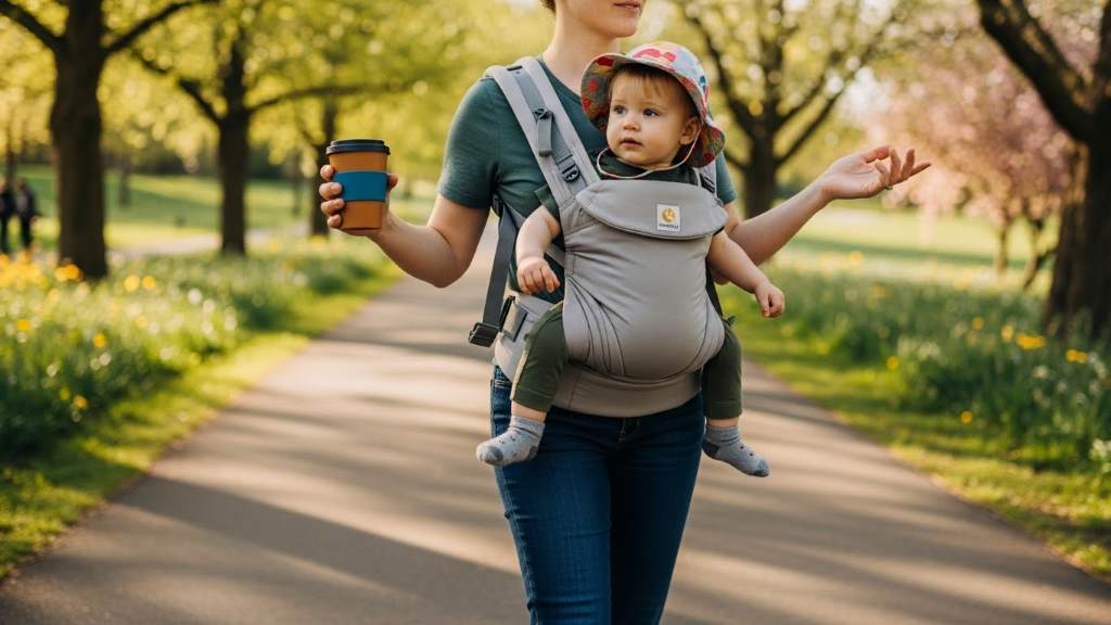 Parent carrying toddler in Momcozy carrier during outdoor walk, demonstrating hands-free freedom and upright posture