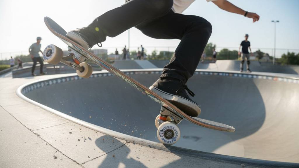 Rider turning sharply with Independent trucks for precise control in a park