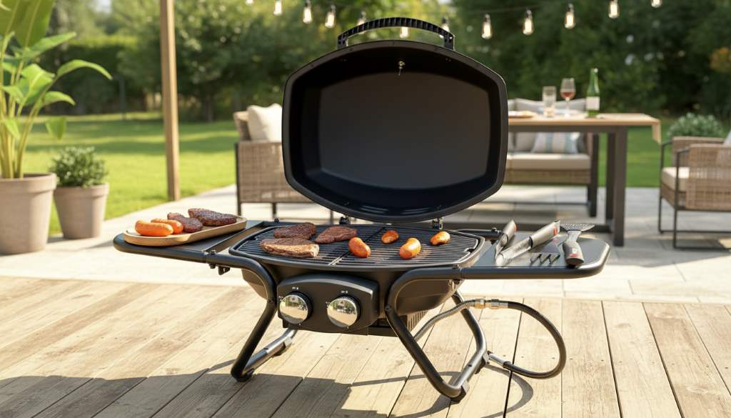 Spacious 4 burner gas grill set up on a sunny deck ready for outdoor cooking party