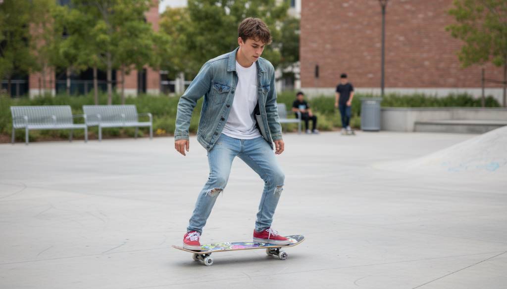 Young adult beginner pushing on stable 8-inch complete skateboard in urban park