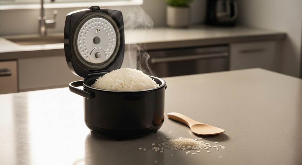 Compact mini rice cooker on a modern kitchen counter with freshly cooked fluffy jasmine rice and steam rising