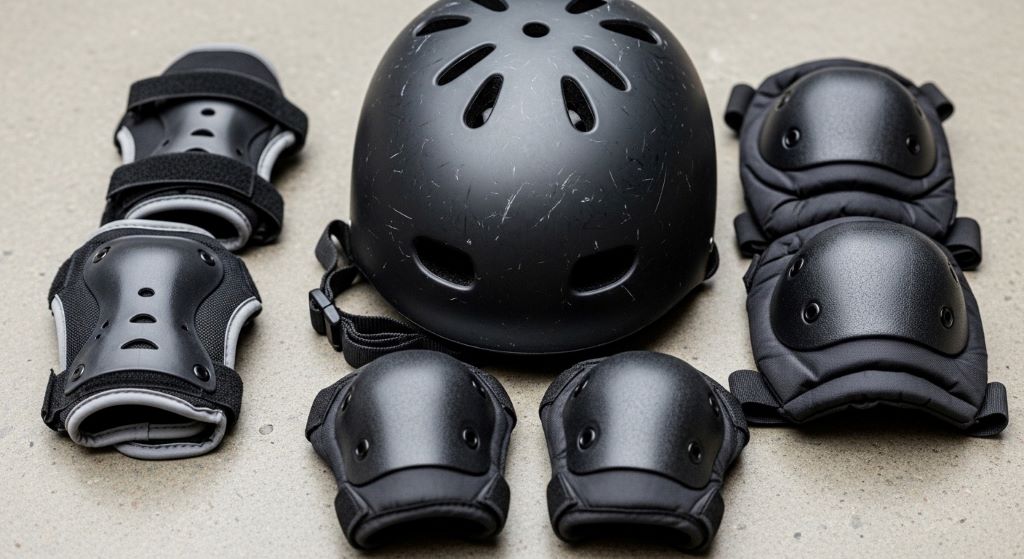 Close-up of skateboarding safety equipment including helmet wrist guards knee pads and elbow pads