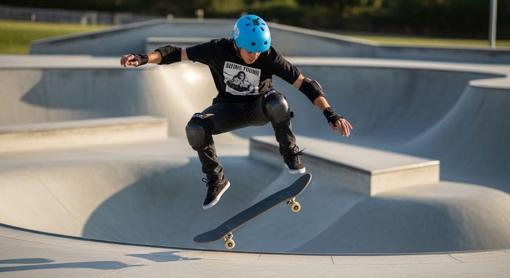 Male skater wearing complete protective gear including helmet and pads performing trick at skate park