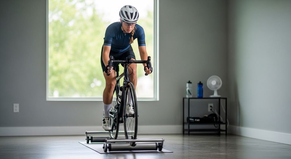 Cyclist riding road bike on rollers in minimal home gym space demonstrating proper balance and positioning for effective indoor workout