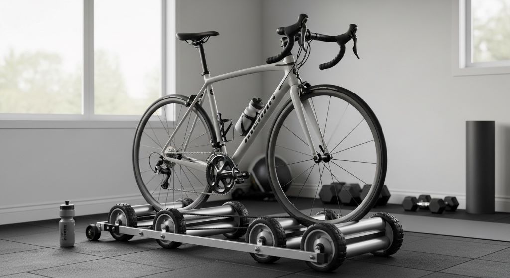 Bike rollers set up in home gym showing three-drum design with road bike positioned on top for indoor cycling training