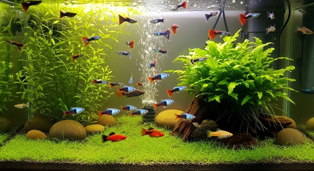 Small peaceful fish including guppies, rasboras, and platies coexisting harmoniously in a well-maintained freshwater community tank setup