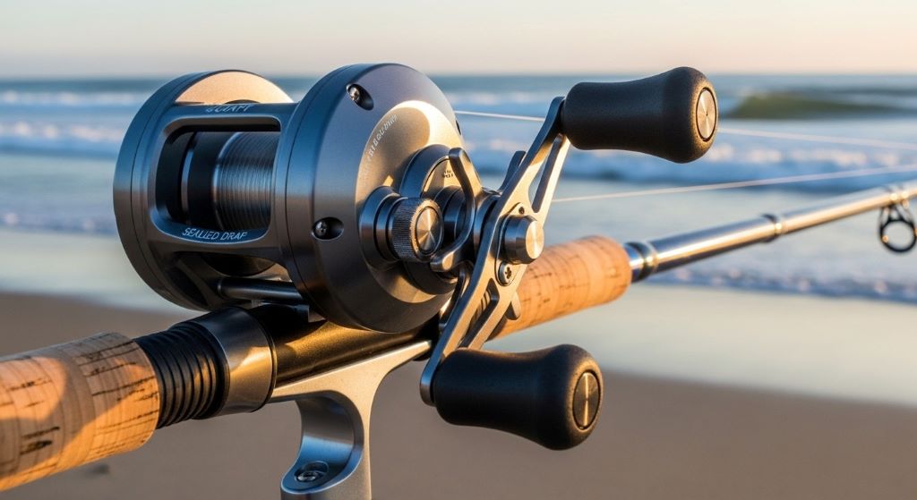 Heavy duty spinning reel with sealed drag system and aluminum construction mounted on surf fishing rod for beach fishing