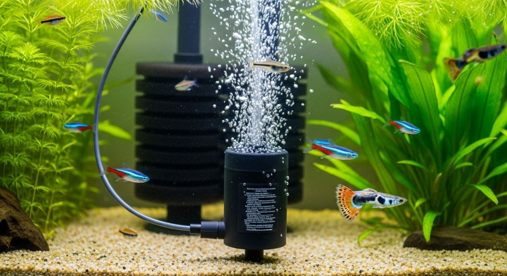Air pump connected to sponge filter creating bubbles in freshwater aquarium with healthy fish swimming