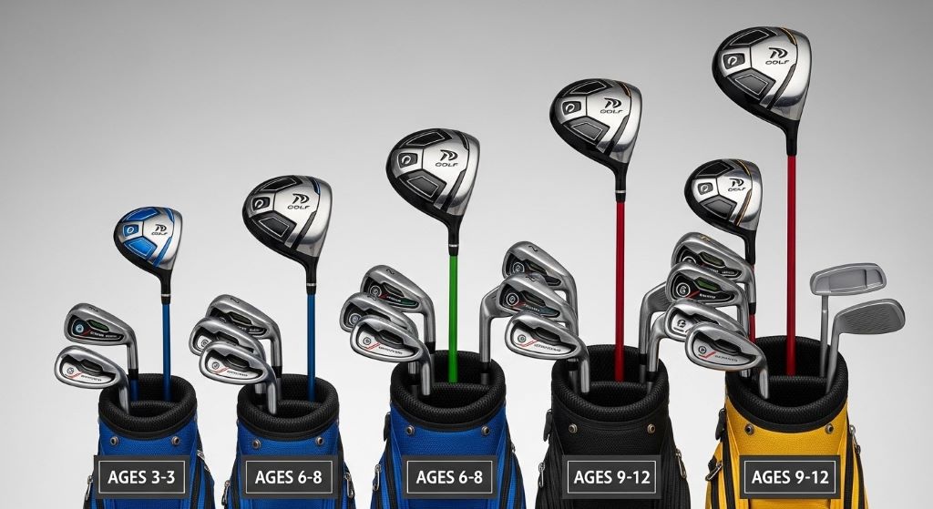 Comparison display of various youth golf club sets showing different sizes and club selections for junior players