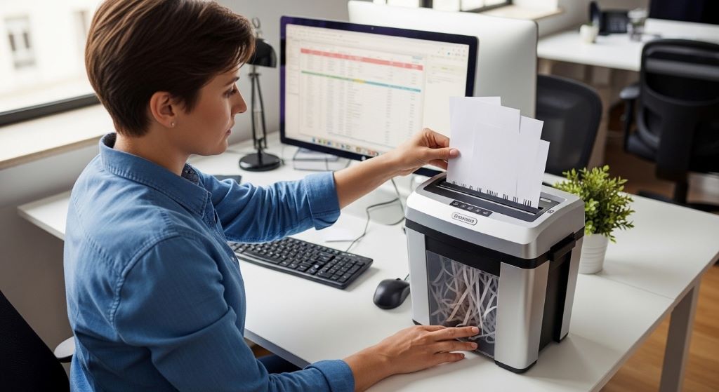 Office worker feeding documents into a desktop paper shredder while following proper capacity guidelines for extended equipment life