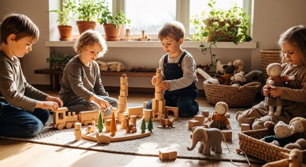 Children playing with wooden toys and natural fiber dolls representing sustainable gift options for green parenting families