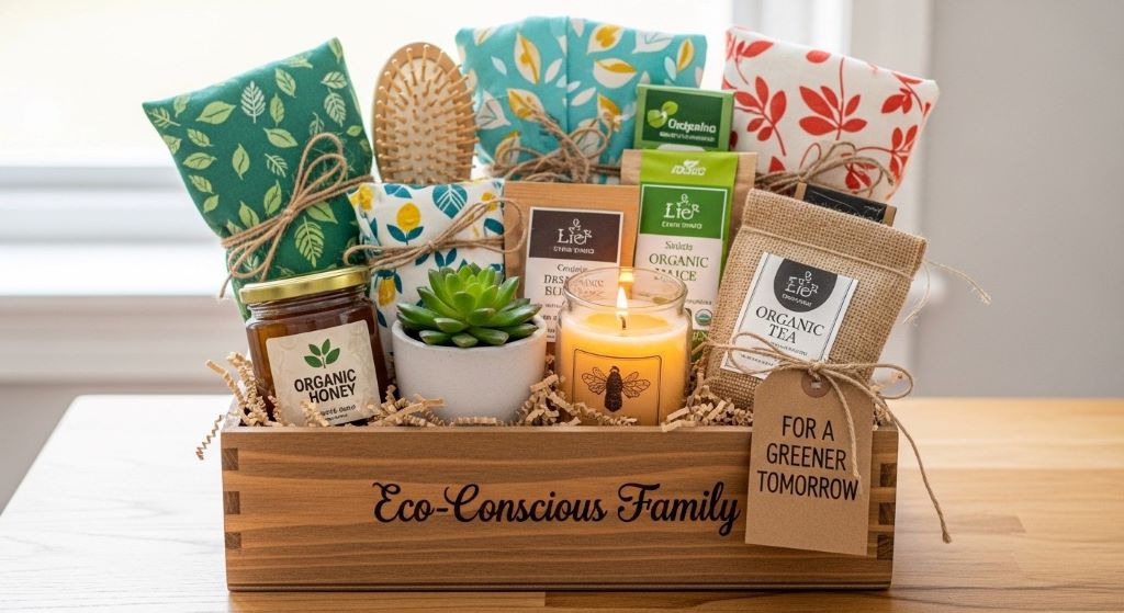 Sustainable gift basket with reusable cloth wraps, organic products, and natural materials arranged in wooden crate for eco-conscious family