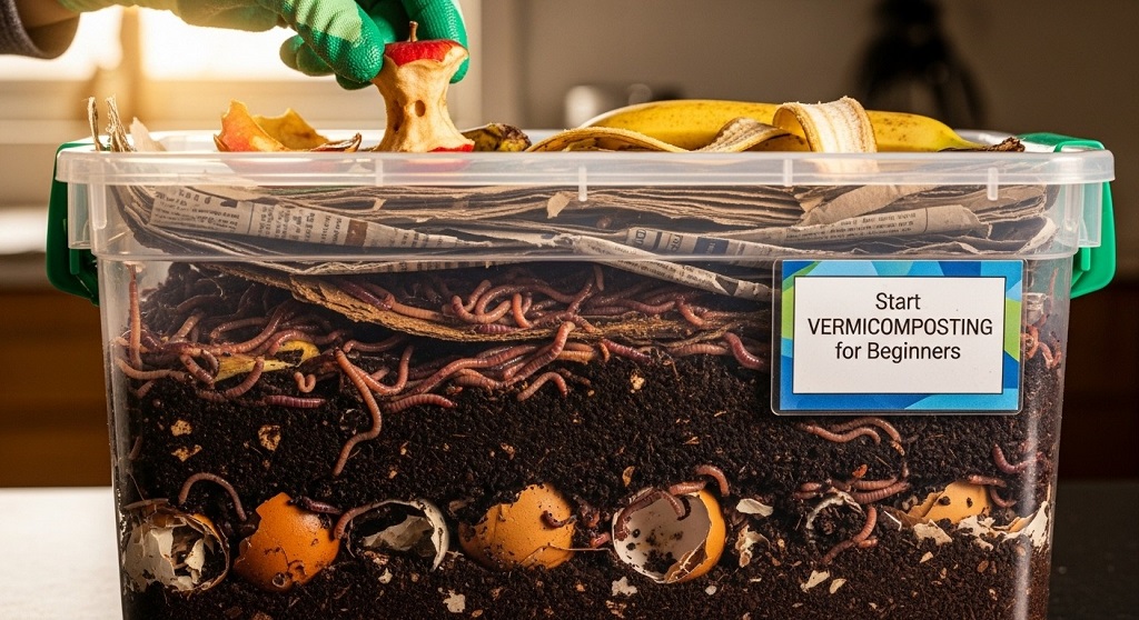 Vermicomposting bin with worms and food waste