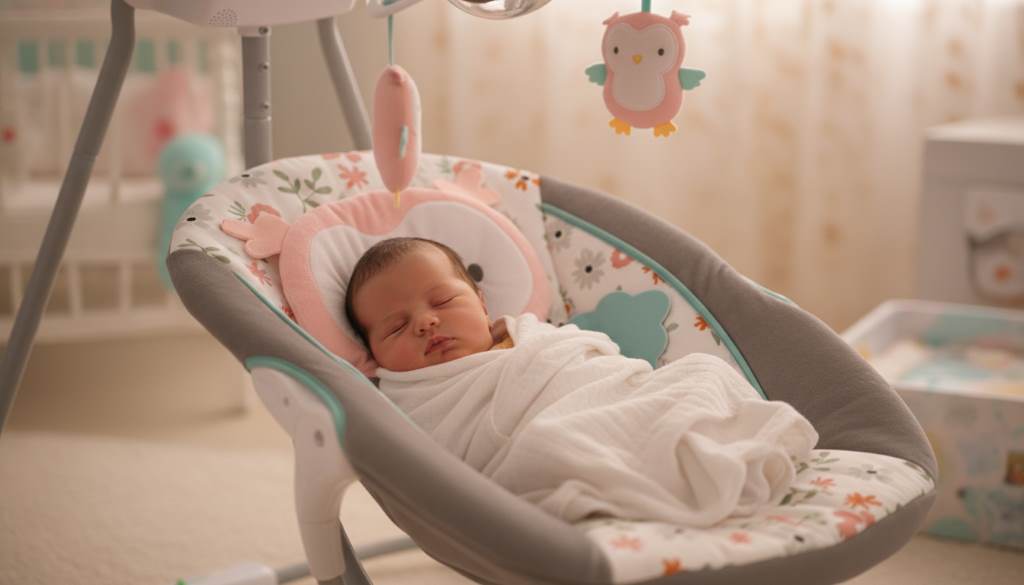 Newborn baby relaxing comfortably in the swivel seat of the Ingenuity InLighten Baby Swing with gentle motion and soft lighting