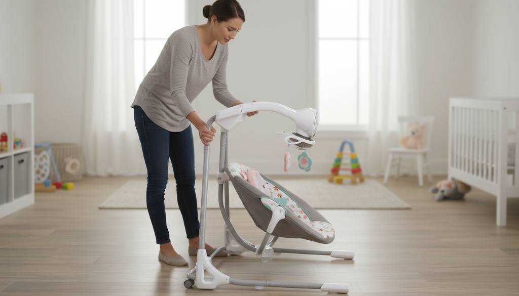 Parent easily folding the portable Ingenuity InLighten Baby Swing frame with wheels for convenient storage and movement