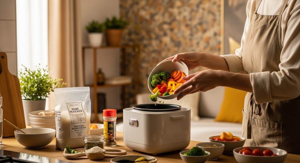 Person in a cozy apartment adding ingredients to a portable mini rice cooker for an easy one-pot meal