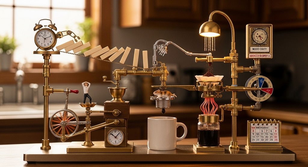 Different coffee maker types displayed on kitchen counter