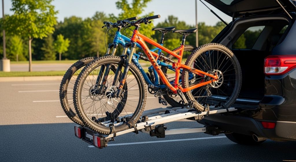 Platform hitch bike rack carrying two mountain bikes on vehicle rear with tilt-away access feature
