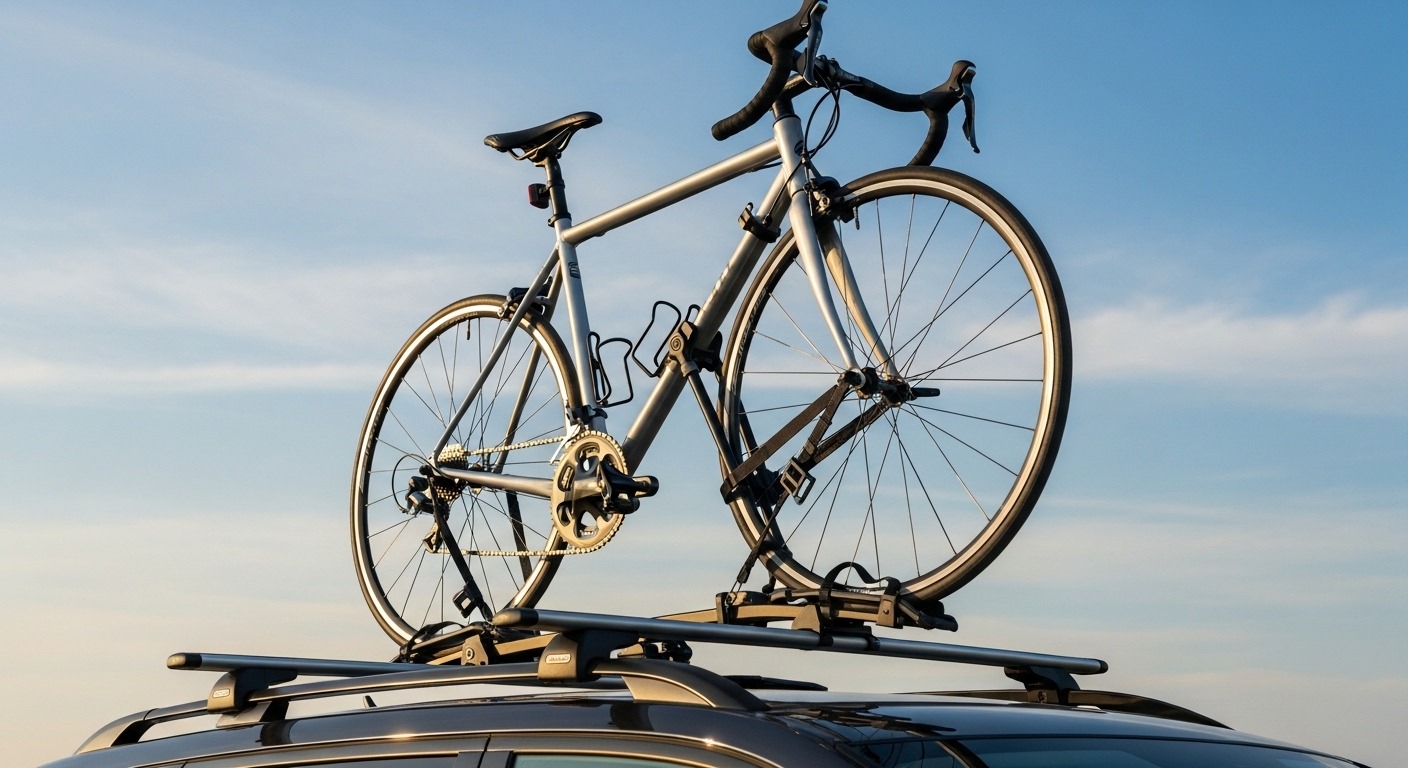 Roof-mounted bike carrier system holding road bike horizontally on vehicle crossbars