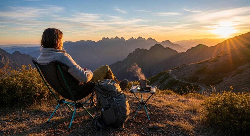 Backpacker sitting comfortably in lightweight folding chair at sunset camp overlooking wilderness trail and distant mountain peaks