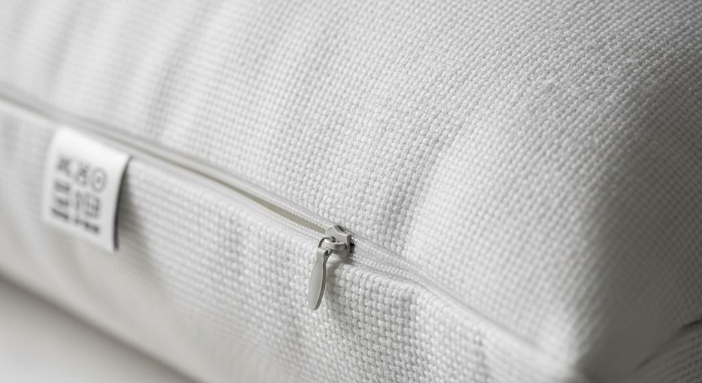 Close-up of dust mite resistant pillow with protective allergen-proof cover showing zipper closure and tight weave fabric detail