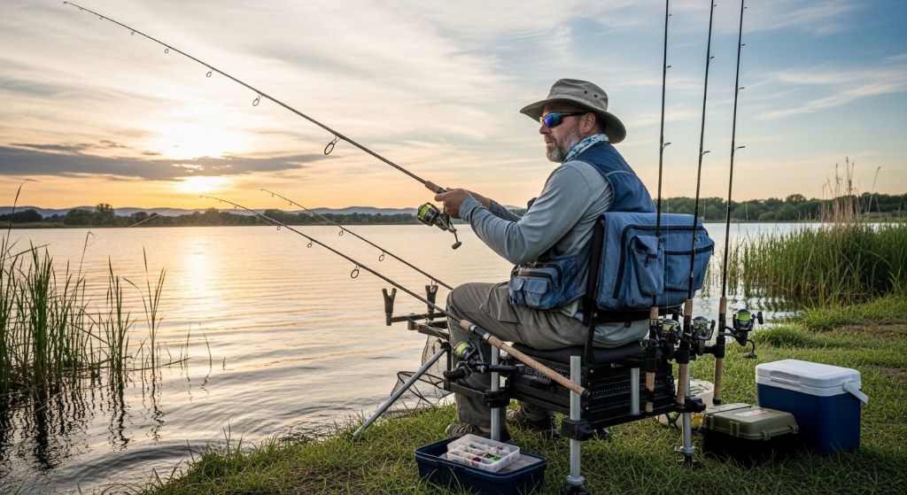 Angler seated in specialized fishing chair using built-in rod holders while bank fishing at lake