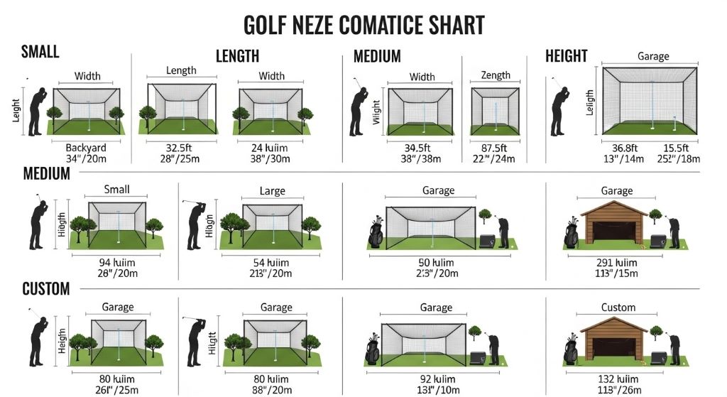 Golf net size comparison chart showing different dimensions for various practice spaces