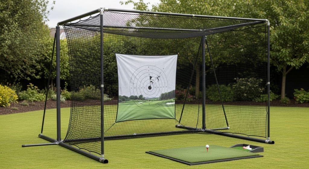 Large backyard golf practice net with reinforced frame for safe full swing training