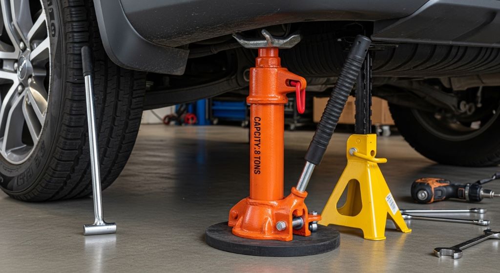 Industrial bottle jack with safety features supporting SUV during repairs