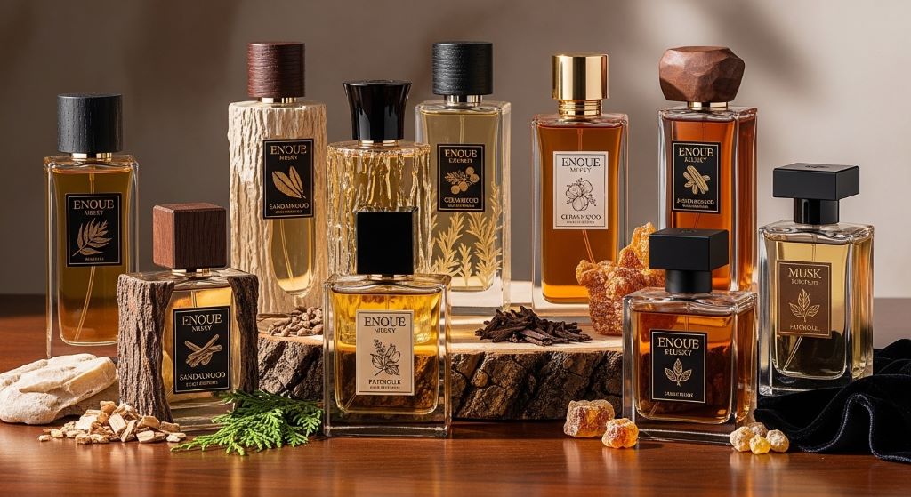 perfume bottles with woody and musky fragrance notes