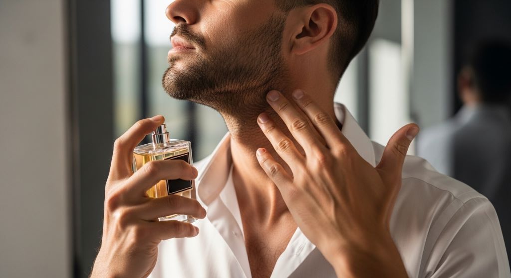man applying perfume on neck pulse points