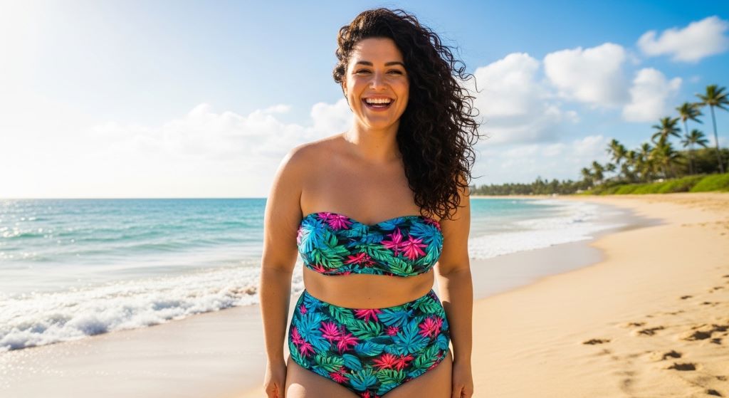 Plus size woman in a high-waisted bikini smiling confidently on a sunny beach