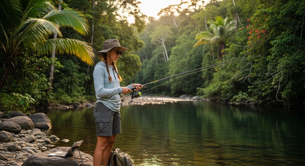 Digital nomad holding a lightweight fishing rod beside a tropical river