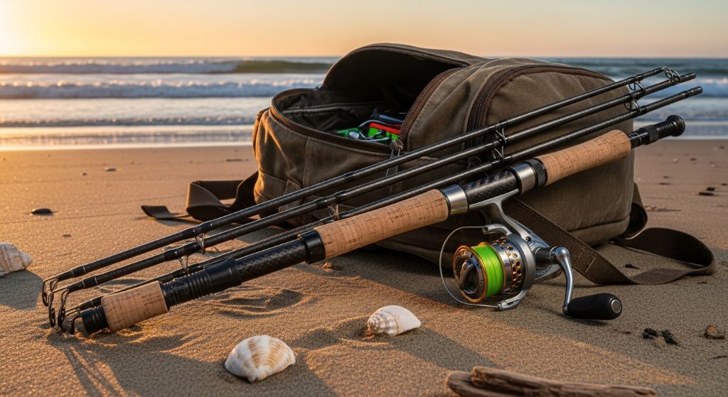 Compact travel fishing rod broken into sections next to a backpack on a beach