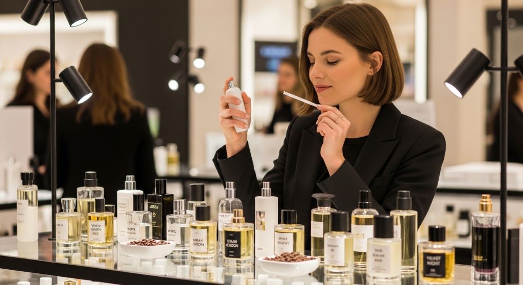 Woman testing new fragrance at perfume counter exploring latest scent trends